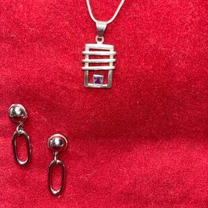 Vintage Sterling Silver 925 Geometric Pendant & Amethyst Accent -& earrings